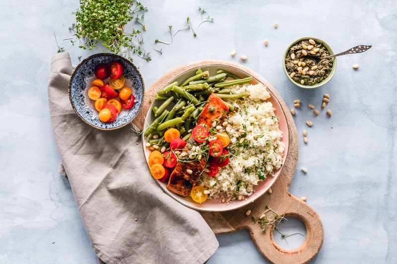 A healthy meal set out on a countertop as an example of a healthy living tip